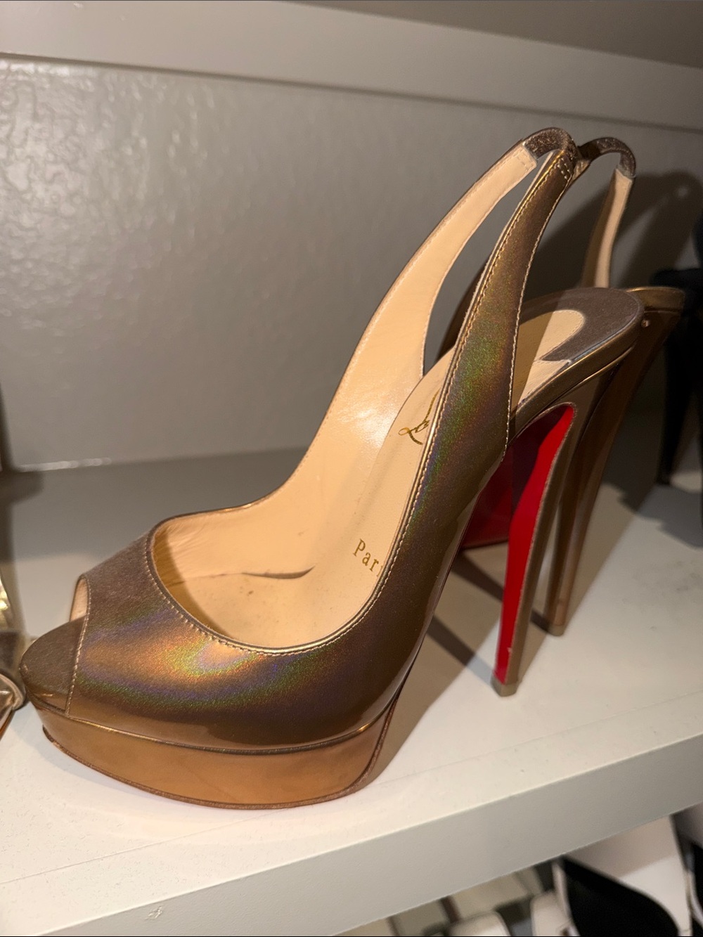 Christian Louboutin Iridescent Gold Peep-Toe Slingback Platform Pump